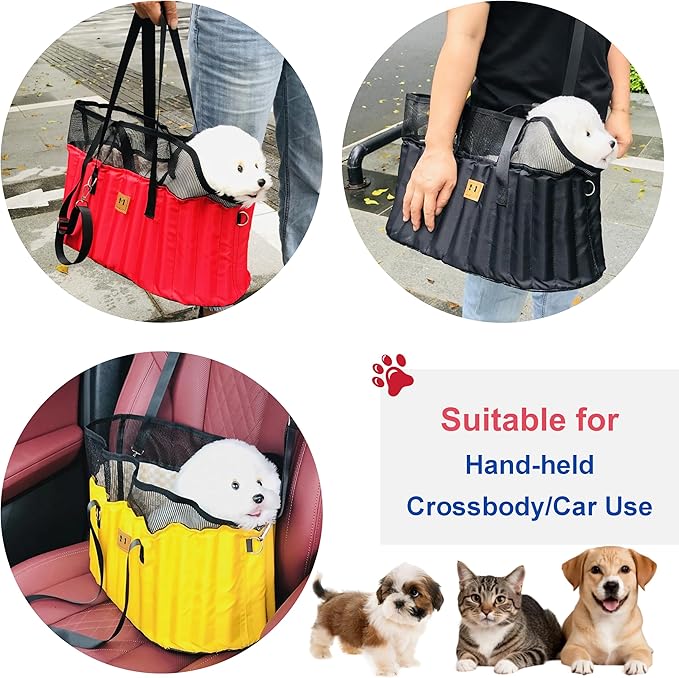 Dual-Purpose Dog Carrier Car Booster Seat for Small Medium Pet Ventilated Mesh Safety Leash All Season Use Soft Detachable Washable (Red, One Size)