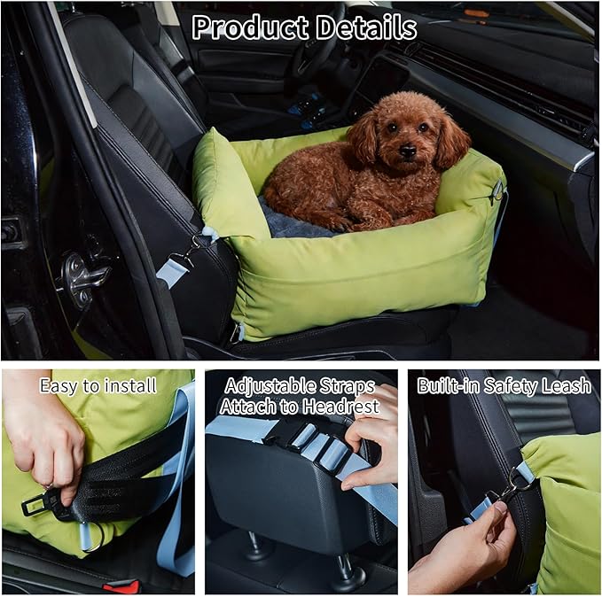 Dog Car Seat for Small Dogs, Waterproof Pet Booster Seat with Safety Leash & Storage Pockets, Thickened Comfort Bed Travel Carrier 24"x20"x13" (Green)