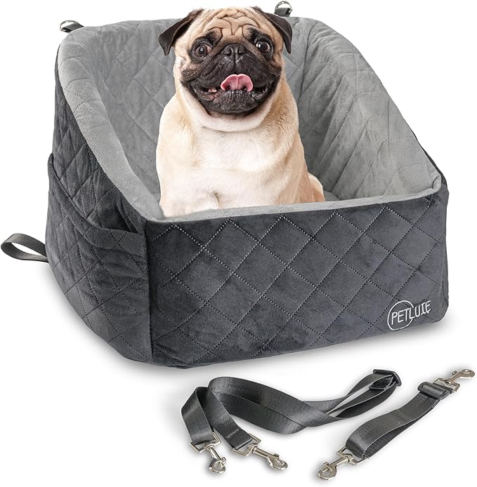 Dog Car Seat – Soft and Comfy Dog Booster Car Seat for Small, Medium Dogs Weighing Up to 30 lbs – Washable and Detachable Puppy Booster Seat with Strap and Pocket – Pet Travel Essential