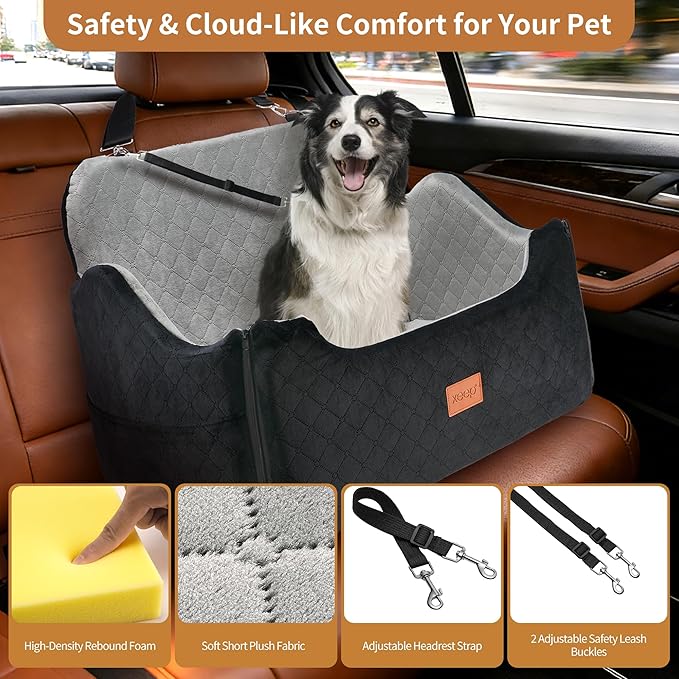 XEEP 2-in-1 Dog Car Seat for Medium/Large Dogs Up to 55 lbs – Dual-Use Booster Seat with Memory Foam, 2 Safety Leashes 2 Height-Adjust Cushions Bonus Urine Pad & Blanket, Removable Washable Cover Grey