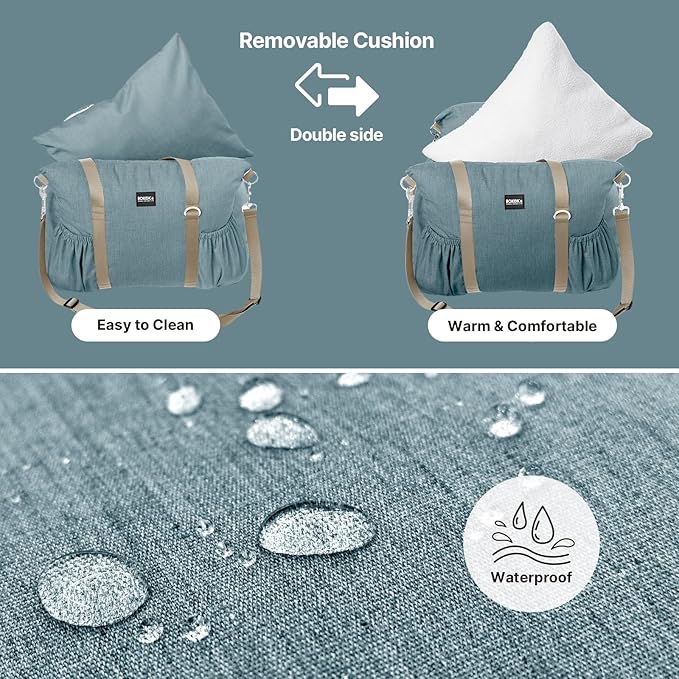 Small Dog Car Seat with Safety Leash - Up to 25lbs, Waterproof Travel Bed with Detachable Cover and Pockets - Easy Installation - Blue