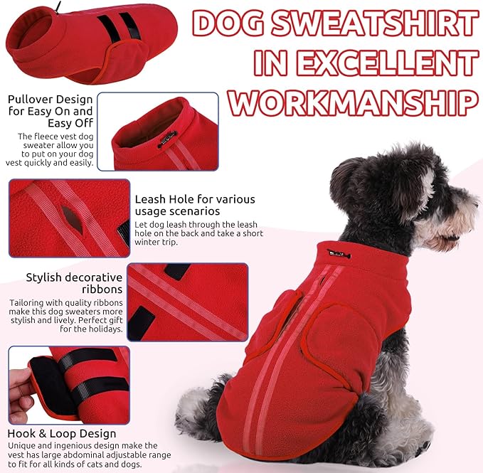 Queenmore Soft Fleece Dog Jacket, Warm Winter Dog Clothes with Leash Hole, Dachshund Sweater for Small Dogs Cats Boy or Girl (Red, S)