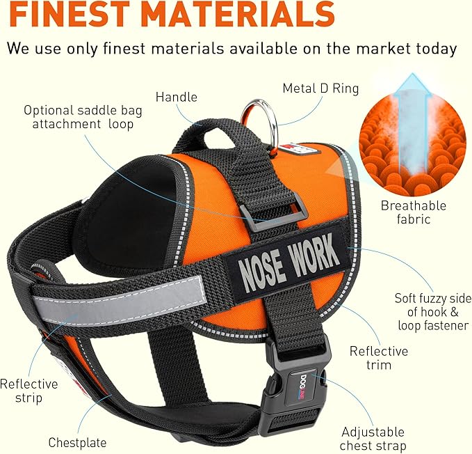 Dogline Unimax Dog Harness Vest with Nose Work Patches Adjustable Straps Breathable Neoprene for Identification Training Dogs Girth 15 to 19 in Orange