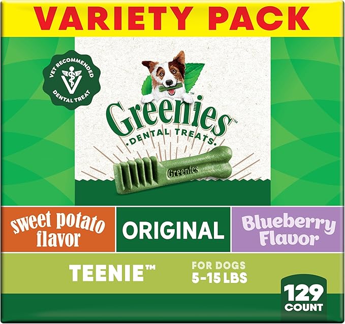 Greenies Veterinarian-Recommended Adult Natural Dental Dog Treats Teenie Size, Original Flavor, Sweet Potato Flavor, and Blueberry Flavor, (3) 12 oz. Packs, 129 Count