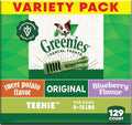 Greenies Veterinarian-Recommended Adult Natural Dental Dog Treats Teenie Size, Original Flavor, Sweet Potato Flavor, and Blueberry Flavor, (3) 12 oz. Packs, 129 Count