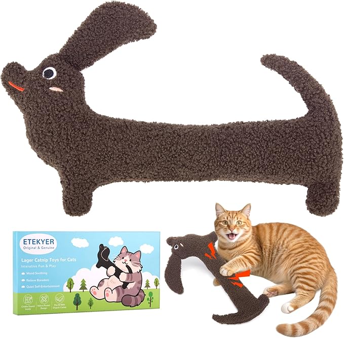Refillable Catnip Toy for Indoor Cats Kitten, Natural Catnip & Silvervine Safe Teeth Cleaning Kitty Kicker Toy 15In, Crinkle Sound Interactive Cat Nip Chew Toys, Brown