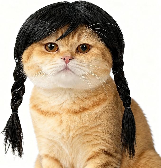 Funny Black Double Ponytail Dog Wig with Adjustable Strap - Pet Cosplay Accessory for Dog & Cat, Halloween, Christmas, Parties, Festivals & Gag Dress Up - Fits Small Medium Large Dogs