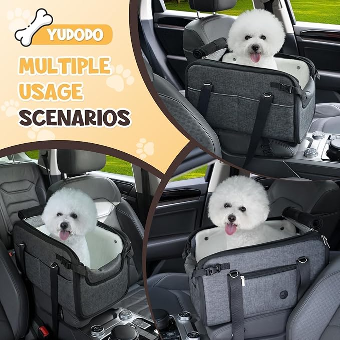 YUDODO 10-18lbs Large Console Dog Car Seat (Width＞9in) Fits Truck & SUV, Luxury Puppy Cat Travel Portable Booster Seat with Removable Velvet Cushion, Anti-Slip Pet Car Bed Carseat PU Leather Gray