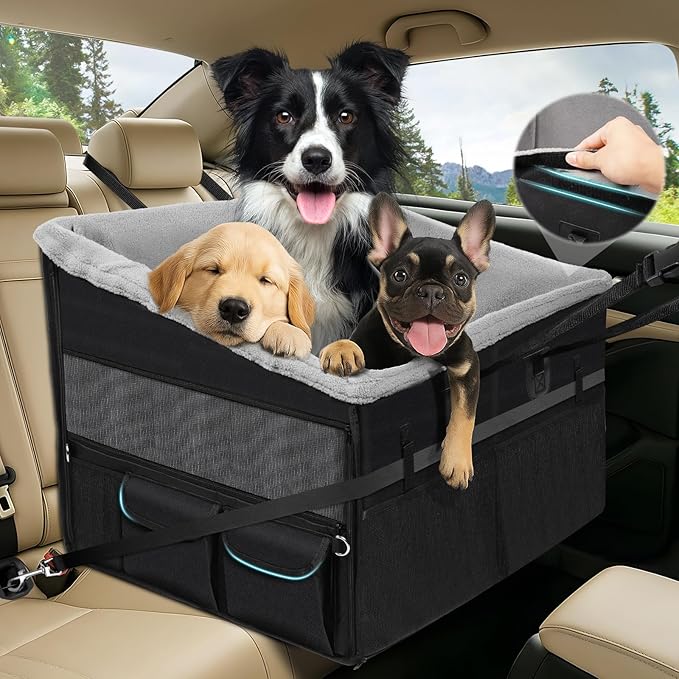 Large Dog Car Seat with Detachable Fleece Cover Summer & Winter | Backseat | Dog Car Seats for 2-3 Small | Medium | Large Dogs | Mesh Windows | Storage Pockets | Travel