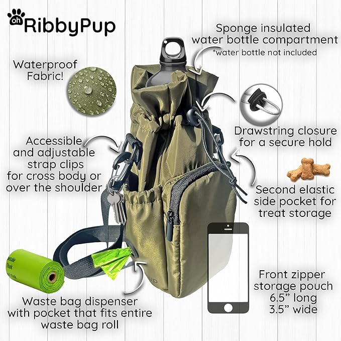 RibbyPup Waterproof Dog Walking Bag with Universal Water Bottle Holder, Built-In Poop Bag Dispenser, Unisex Cross-Body Treat Pouch - Taupe