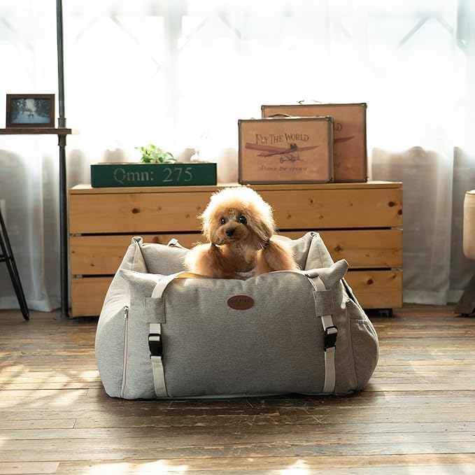 Dog Car Seat for Small Medium Large Dogs, Sofa Fabric&Eco-Friendly Microfiber Velboa, Detachable and Washable Travel Dog Booster with Thick Cushion (Cafe Mocha, L)