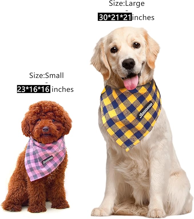 Adjustable Plaid Dog Bandanas,1PC Soft Washable Cotton Triangle Bib Kerchief Scarfs for Small Medium Large Dogs and Cats (Square Yellow, Large)