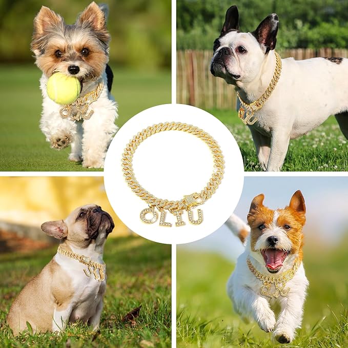 MUMUPET Custom Dog Collar Chain Golden Diamond Name Letters Cuban Style Collar Jewelry Secure Buckle Small Medium Dog Accessories