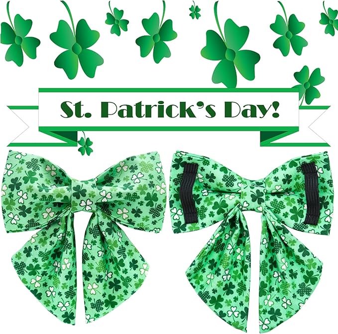 St. Patrick's Dog Collar with Bow Tie, Cotton St. Patrick's Bowtie Collar for Large Girl Boy Dog, Lucky Shamrock Dog Collar with Metal Buckle, Green, Spring, L