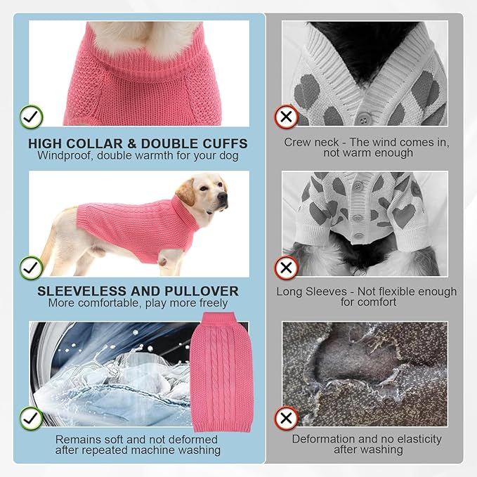 XS Dog Sweater, Classic Cable Knit Warm Dog Sweatshirt with Reflective Yarn for Girl Boy, Halloween Fall Winter Coat Turtleneck Pullover Clothes Apparel for Small Medium Large Dogs (Pink XS)