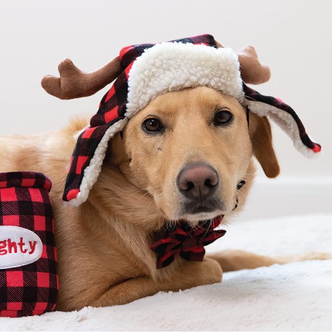 Huxley & Kent Pet Hat | Antler Buffalo Check (Small) | Festive Christmas Holiday Accessory for Dogs/Cats | Holiday Pet Hat | SnugFit Sliding Toggles for Best Fit