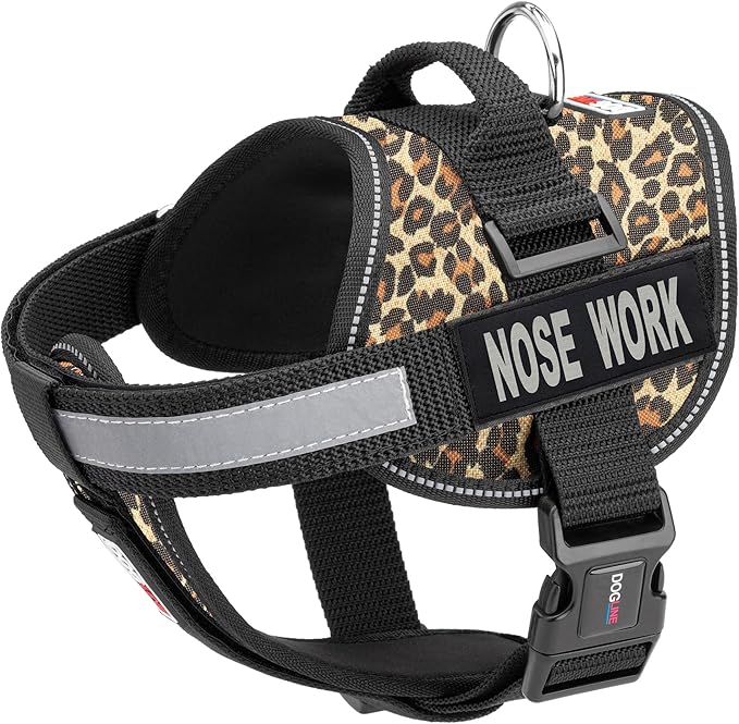 Dogline Unimax Dog Harness Vest with Nose Work Patches Reflective No-Pull, Adjustable Straps, Breathable Neoprene for Medical, Service, Identification and Training Dogs Girth 15 to 19" Leopard Brown