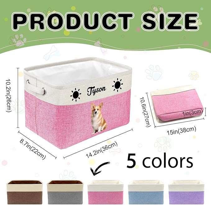 Personalized Dog Toy Basket with Name Photo Custom Cat Storage Organizer Box Collapsible Pet Chest Bins Customized for Toys Clothing-Brown