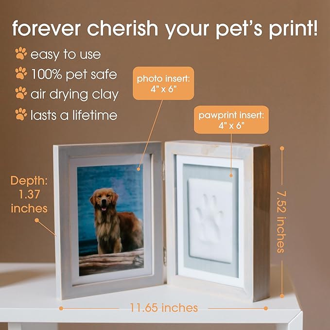 Pearhead Pet Paw Print Photo Frame with Clay Imprint Kit - Wooden Photo Frame, DIY No-Mess Pawprint Keepsake, Perfect for Cats & Dogs, Ideal Memorial and Home Decor Gift, Distressed Gray