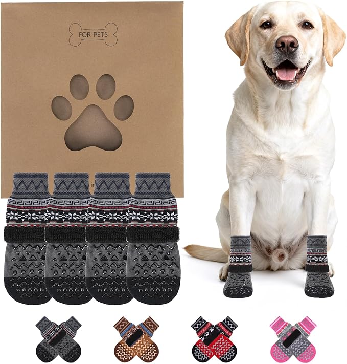 KOOLTAIL Dog Socks to Prevent Licking Paws for Hardwood Floors Anti Slip,Warm Winter Pet Boots&Paw Protector with Grippers,Double Sides Puppy Shoes Booties for Small Medium Large Senior Dogs XL