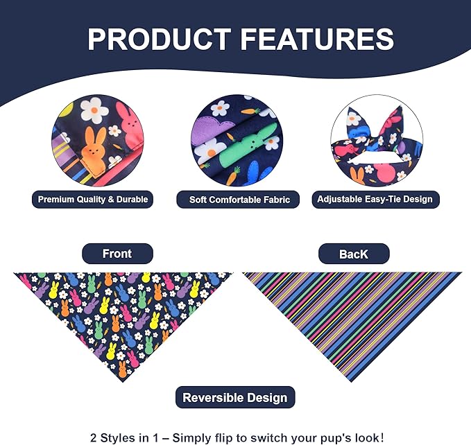 Easter Dog Bandana for Medium Large Dogs 14-18" Neck - Reversible Navy Bunny & Pastel Stripes Scarf, Cute Pet Accessory for Spring Gift