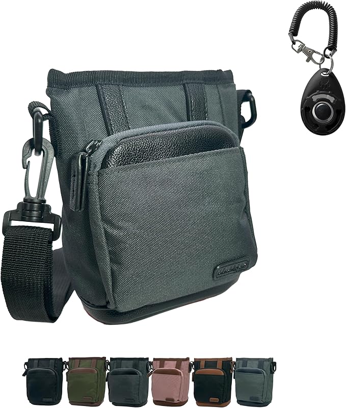 BEAU&FUR Small Dog Treat Pouch with Clicker for Training – 2 Cup Capacity, Built-In Poop Bag Dispenser, Storage for Snacks and Toys - Hands-Free Pouch Snack Holder for Walking and Training -Grey Black