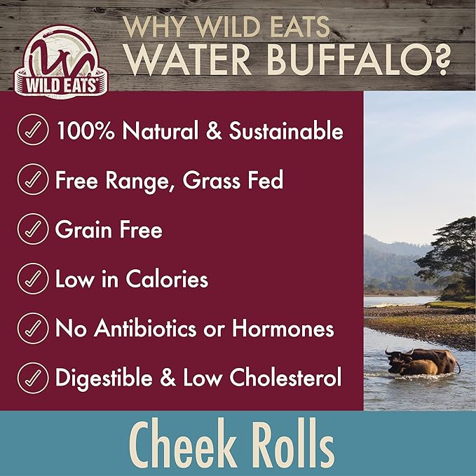 Wild Eats 9" Water Buffalo Treats No-Hide Cheek Roll - 3 Pack Long Lasting Dog Chews, Rawhide Free, Substitute for Pig Ears, for Aggressive Chewers & Large Dogs, Low Fat, High Protein