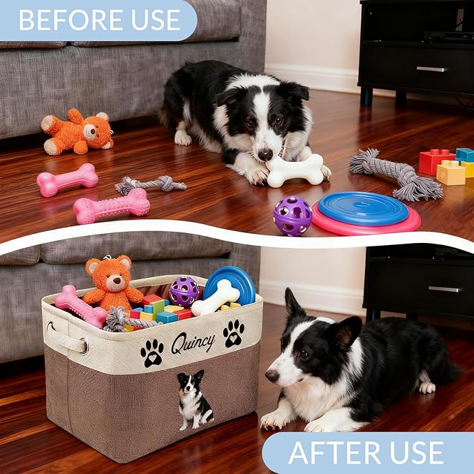 Customized Pet Toy Storage Basket - Personalized Dog & Cat Toy Organizer with Name, Foldable & Durable Fabric Bin for Pet Supplies, Organizer for Toys, Coats, Clothing, Blankets Brown