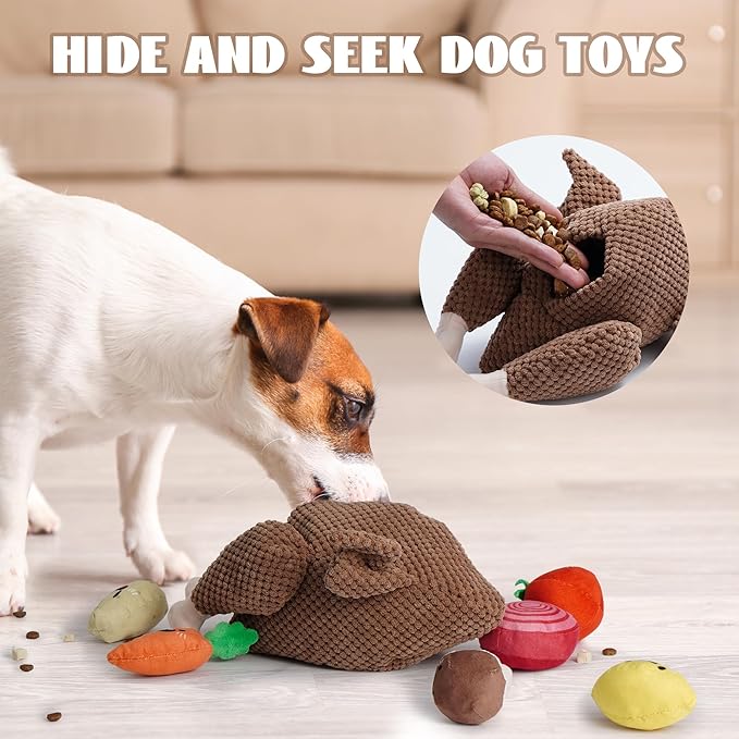 Nocciola 7 in 1 Thanksgiving Turkey Dog Toys, Squeaky Stuffed Soft Interactive Cognitive Enrichment Hide and Seek Dog Chew Toys for Large Medium Small Dogs, Cute Plush Pet Supplies 7 Packs