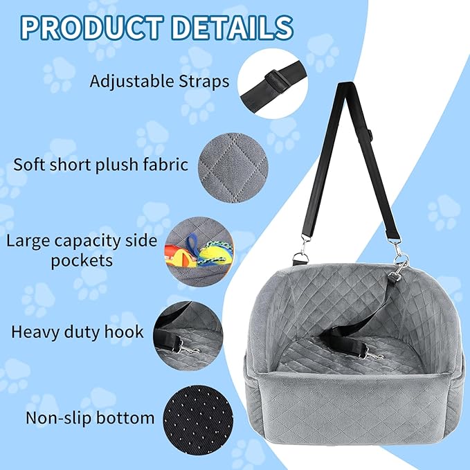 Dog Booster Car Seat, Comfy Dog Bed for Car with Safety Belt and Storage Pockets, Detachable Washable Pet Car Seat for Small Medium Sized Puppies Cats Under 30-35 LB