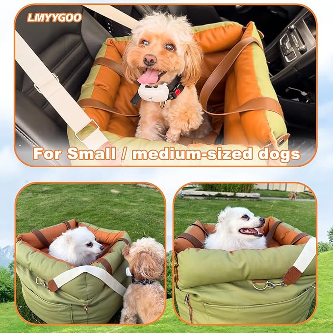 Dog Car Seat for Small & Medium Dogs - 3 in 1 Waterproof Soft Leather Dog Bed for Car with Harness Clip, Travel Bed & Carrier Bag for Pets, Fits Pets Up to 35 lbs (Green, Small & Medium)