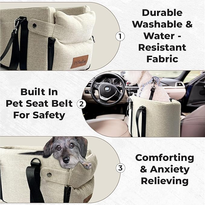 Center Console Dog Car Seat for Small Dogs and Puppies 5-13Lbs, Ideal Armrest Booster Car Travel Seat with Safety Protection Seat Belts, Storage Pockets - Reduces Anxiety