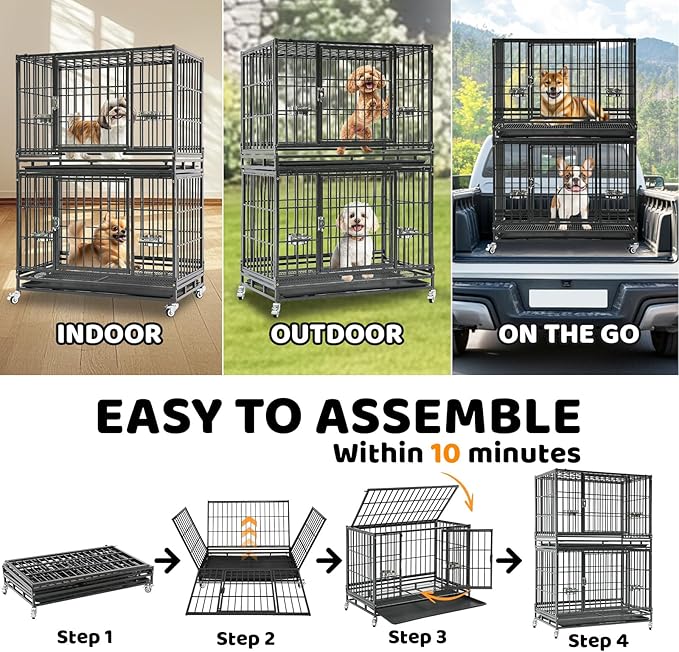 Homey Pet Two Tiers 37 Inch Dog Crate Cage Kennel with Feeding Bowls, Lockable Wheels and Removable Tray, Escape Proof Metal Wire Heavy Duty Dog Crates for Medium/Small Sized Dogs (4 Pack)