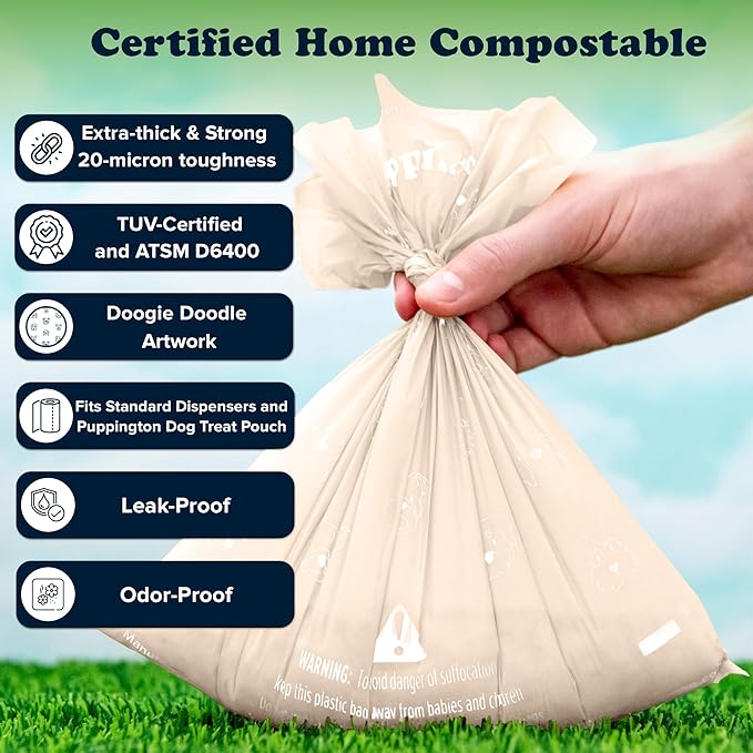 Puppington Certified Home Compostable Poop Bags - ASTM D6400 Compliant - 90 Extra Thick Bags - Plant Based - Pairs with Puppington 3-in-1 Bag & Fits all Standard Poop Bag Dispensers (Vanilla Cream)