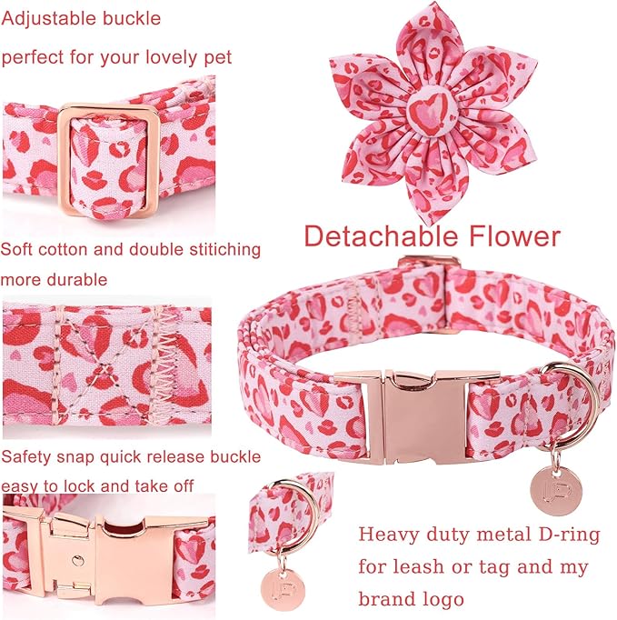 Valentine Dog Collar with Flower, Heart Flower Collar for Puppy Girl Boy Dog or Cat, Comfortable Dog Collar Flower with Durable Metal Buckle, Cute Pet Collar, L, Neck 16-24in