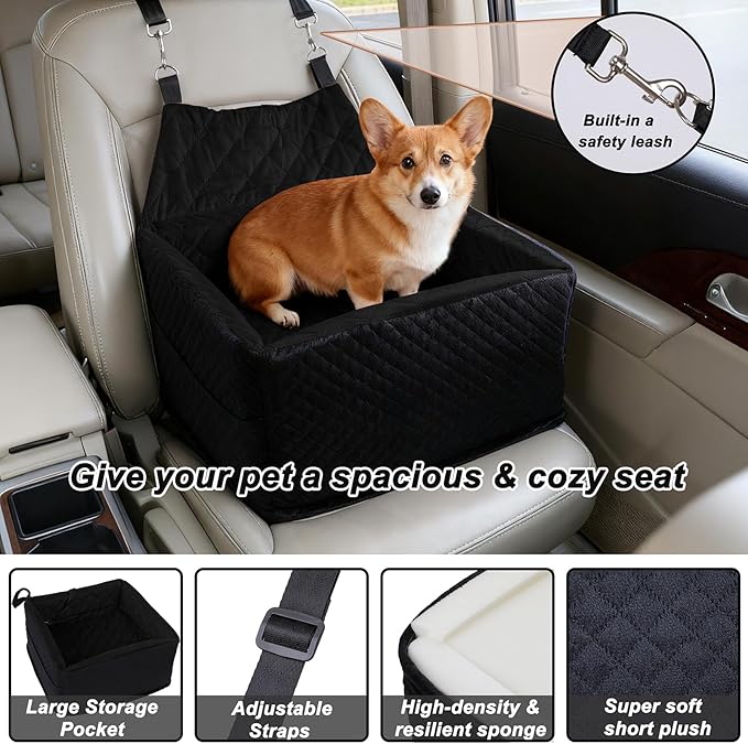 Memory Foam Dog Car Seat for Small/Medium Dogs,Travel Booster Seat for Dogs up to 35 lbs, Washable Removable Cover & Storage Pockets, Comfortable & Safe Car Seat for Pet Travel