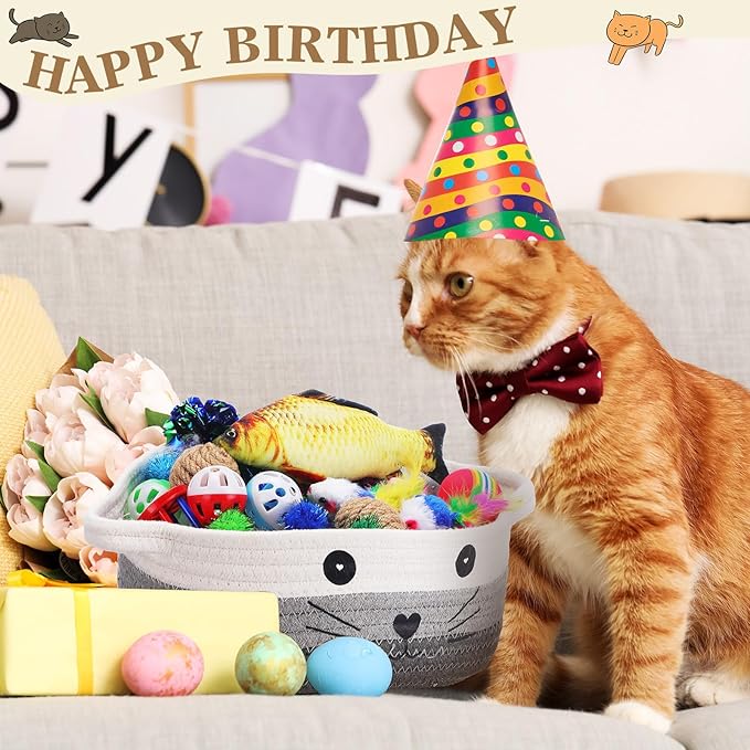 Zopeal 58 Pcs Cat Storage Basket Gift Toys Set, Colorful Flashing Balls Pet Bell Crinkle Balls Spring Toys Attract Cat to Swat, Hunt, Interactive for Pet(Multicolor,9.8 Inch)