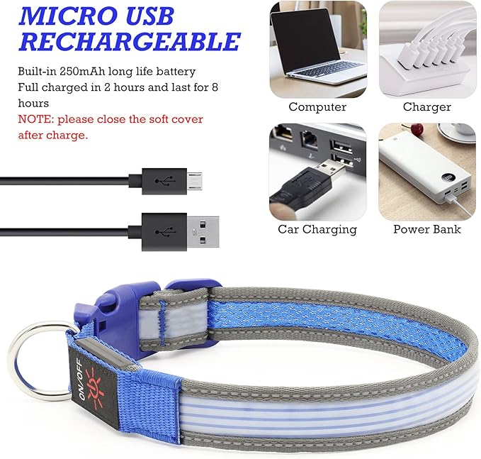 YFbrite Full Adjustbale LED Dog Collar, Full Illuminated Light up Dog Collars, Reflective Dog Collar Light Glowing in The Dark for All Dogs Safety (Medium, Blue-2)