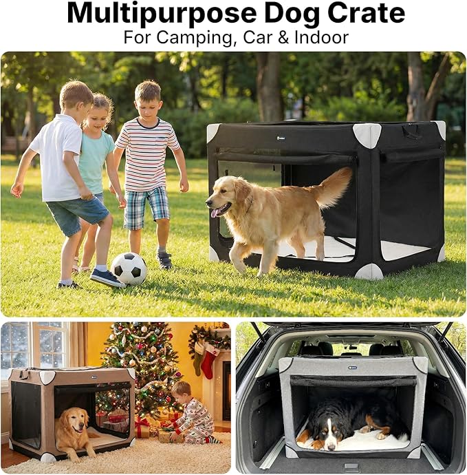 Veehoo Large Dog Crate for Indoor Outdoor, Portable Collapsible Travel Dogs Crate, 36 Inch Soft Foldable Pet Kennel with 4-Door Mesh Windows
