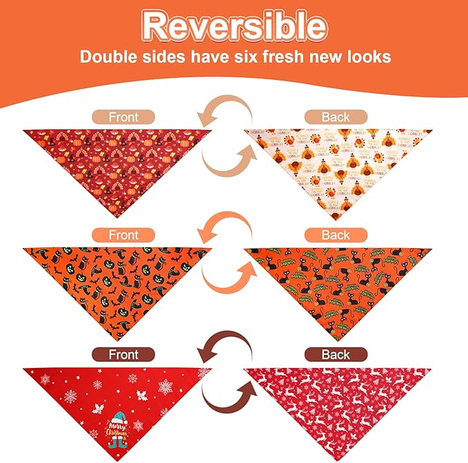 Halloween Dog Bandanas Thanksgiving and Christmas Scarf Small 3PCS, 6 Pattern Breed for Boy and Girl, Triangle Reversible Bibs for Puppy Pets