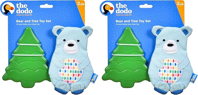The Dodo Woodland Animals Stuffingless 2pc Dog Toy Set: Bear & Tree; No Plush Squeaky Bear Flattie Dog Toy + Rubber Tree Chew Toy; Durable Toys for Dogs (Pack of 2)