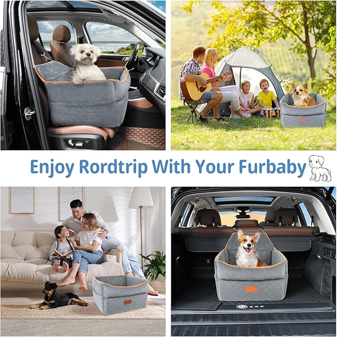 Dog Car Seat for Small Medium Dogs, Memory Foam Dog Booster Car Seat for Pets Under 35 lbs, Anti-Slip Pet Carseat with 2 Adjustable Leashes, Elevated Dog Travel Bed with Storage Pockets