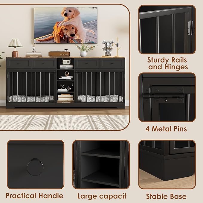 GarveeHome 82" Double Dog Crate Furniture, Large Dog Kennel Indoor for 2 Dogs, Heavy Duty Wooden Dog Crate TV Stand with 4 Drawers and Shelves, Black