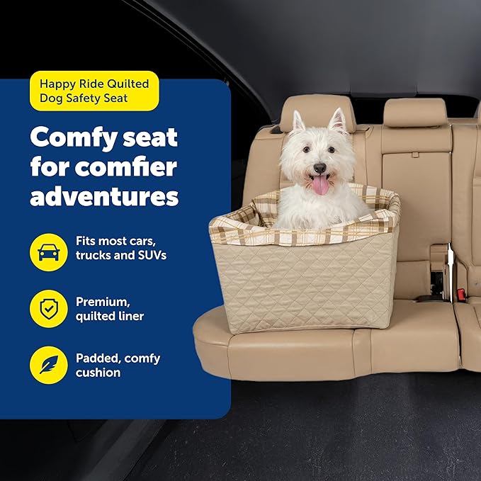 PetSafe Happy Ride Quilted Dog Safety Seat - Dedicated Pet Car Seat for Safer Travel - Elevated Pet Booster for Window Views - Machine Washable Removable Cover - Fits Most Cars