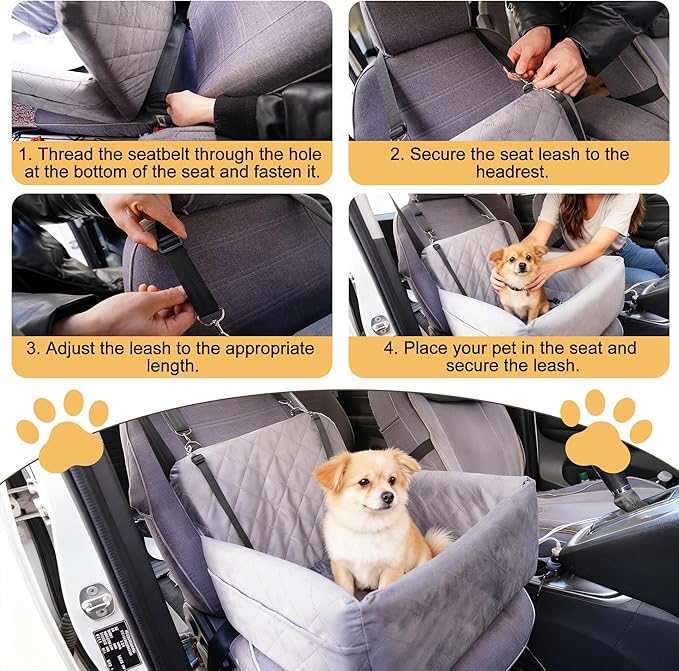 Dog Car Seat for Small Dogs Under 30 lbs, Memory Foam Booster Seat with Detachable Washable Cover, Travel-Safe Pet Car Bed with Safety Belts & Storage Pockets, Anti-Slip Bottom (Grey)