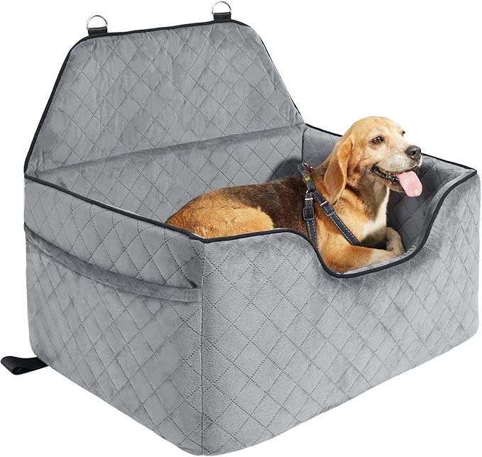 Happybuy Dog Car Seat, Dog Booster Seat for Car with A Storage Pocket, Pet Car Seat with Clip-On Safety Leash, Sponge Filling, Dog Car Bed for Medium & Large Dog up to 55 lbs, Gray