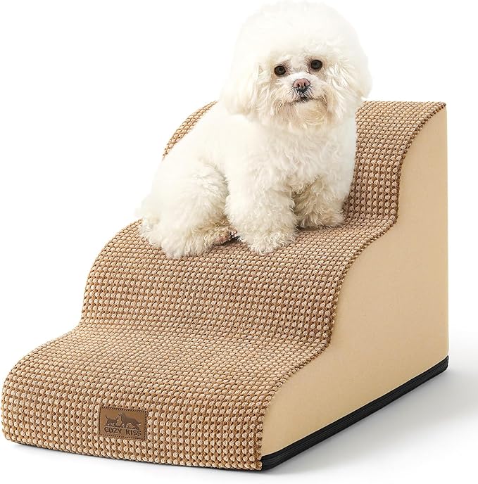 Dog Stairs for Small Dogs 15.7" H, Curved Dog Step for Puppy, Older Cat, Medium Pet Ramp for Sofa, Couch or Chair, Ladder with High Density Foam, 3 Step, 15.7x22.4x15.7 inch, Light Brown