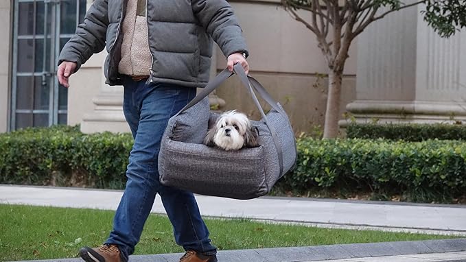 Dog Car Seat for Small Dogs, Pet Booster Seat with Clip-On Safty Leash, Comfy Deluxe Plush Carseat with Storage Pockets, Puppy Car Travel Carrier Bed, Grey