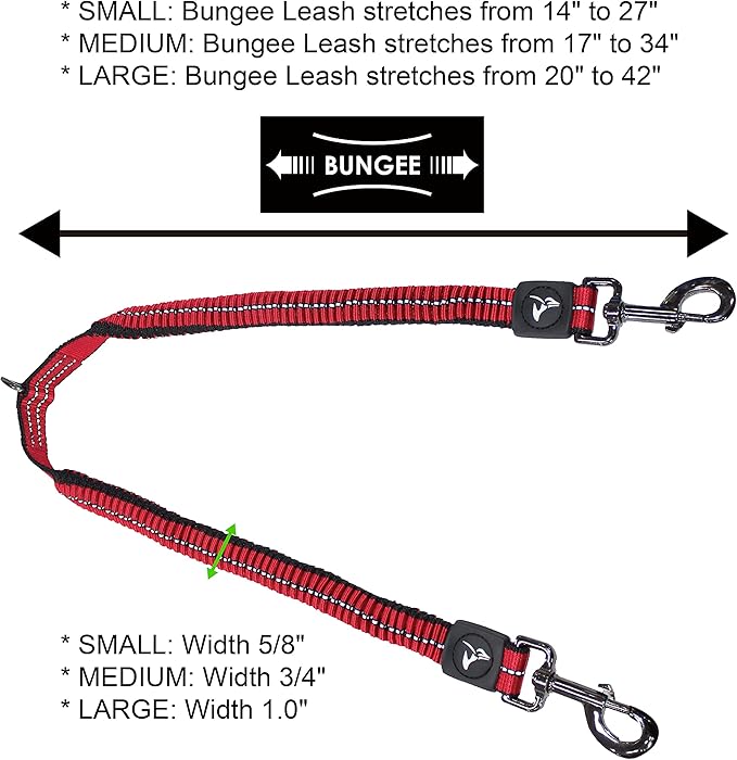 Kruz Double Dog Leash for Two Dogs (Width - 3/4”, Length 17”-34”) Dual Leash Coupler with Tangle-Free Swivel, Shock-Absorbing Reflective Bungee for Comfortable Walking & Training (Gray, Medium)