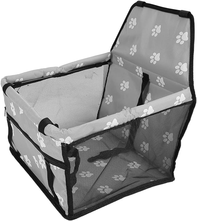 Pet Carrier Cage Dog Car Seat Bear Pattern Washable Foldable Pet Safety Travel Seat with Support Rod for Cars Oxford Cloth Material (Gray paw Print Support Stick Style)